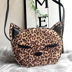Leopard Print Small Cat Face  Zippered 7x6 1/2 Crossbody Bag